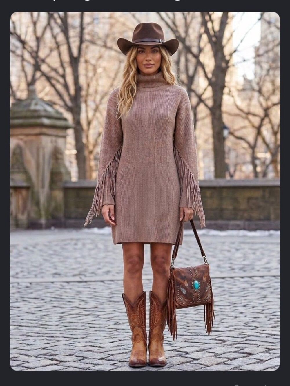 Turtleneck Fringe Sweater Dress in Taupe